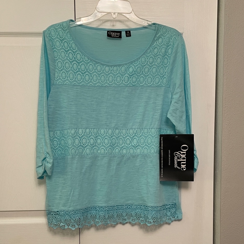 NWT ONQUE CASUAL Aqua Blue Pullover Top with Crochet Lace Details Medium
